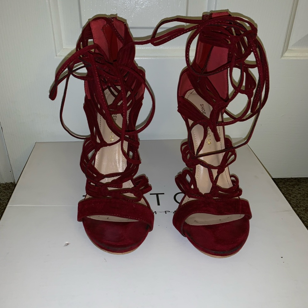 Dark Red Lace Up Heels